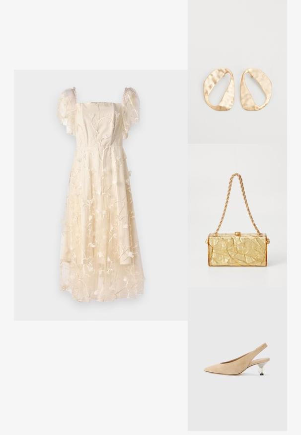 Ida Sjöstedt WENDY DRESS - Îmbrăcăminte de ocazie - honey; Pantof bej din piele sușie, cu vârful ascuțit și toc rotund transparent. Textură netedă și design minimalist.; Geanta dintr-un material auriu cu o textură șifonată, având o formă rectangulară, dotată cu un sistem de prindere cu lanț și un zăvor în partea de sus. Finisaj neted și strălucitor.; O pereche de cercei din metal de culoare aurie, cu formă ovală neregulată, având o suprafață texturată, ușor ciocănită, pe un fundal alb.