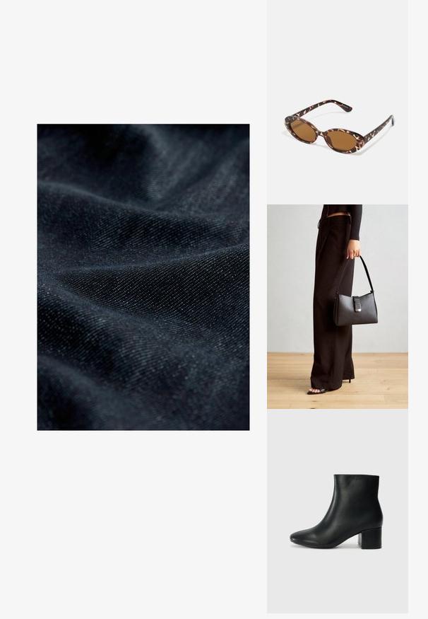 Tessuto di denim scuro con una trama sottile, caratterizzato da una superficie liscia e una leggera lucentezza, che presenta motivi piegati e drappeggiati.; Stivali neri in pelle fino alla caviglia con punta appuntita e tacco spesso. Texture liscia con minimi dettagli e un design elegante e aderente.; Occhiali da sole in tartaruga con lenti ovali, tono marrone, bracci sottili con un motivo testurizzato, montatura in plastica leggera.; Borsa nera con forma strutturata, texture liscia e una chiusura metallica. Abbinata a pantaloni neri larghi e sandali open-toe su un pavimento in legno.