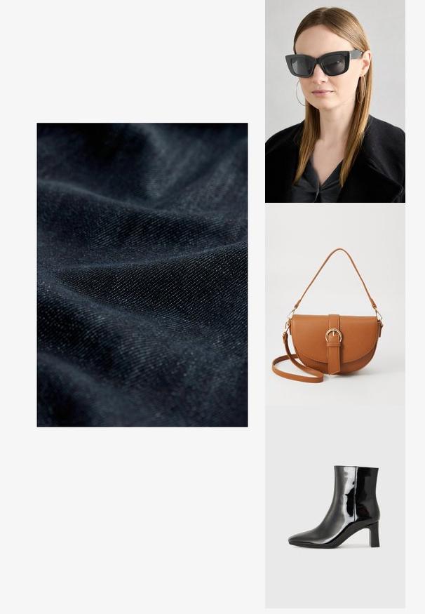 Tissu en denim foncé avec une texture subtile, présentant une surface lisse et un léger éclat, affichant des motifs pliés et drapés.; Bottines en cuir verni noir avec un bout pointu et un talon block de hauteur moyenne. Texture lisse et design minimaliste.; Des lunettes de soleil en forme de chat noir avec des verres foncés, des montures épaisses et des accents subtils. Portées avec un manteau noir et un haut gris, avec des cheveux longs et raides.; Sac bandoulière en cuir marron avec une forme incurvée, quincaillerie dorée et un accent en boucle. Comprend une bandoulière détachable.