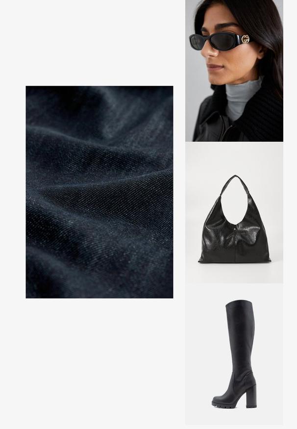 Tumma denimikangas, jossa on hienovarainen rakenne, joka esittelee sileän pinnan ja kevyen kiillon sekä taitettuja ja valaistuja kuvioita.; Mustat polvipituiset saappaat, sileää nahkaa, paksu korko, pyöreä kärki, kuvioitu pohja, jossa on pito, tyylikäs muotoilu ilman koristeluja.; Mustat aurinkolasit, joissa on tyylikäs suorakulmainen kehys ja kultainen logo-akkentti sivussa. Tumma linssit ja kiiltävä pinta ovat huomattavissa.; Mustapohjainen nahkalaukku, jossa on sileä ja kiiltävä pinta, leveä ja kaareva kantokahva sekä hillitty etupuolen poimutus metallinapituksella.