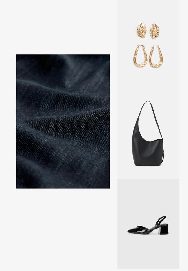 Tissu en denim foncé avec une texture subtile, présentant une surface lisse et un léger éclat, affichant des motifs pliés et drapés.; Escarpins en cuir verni noir avec bout pointu et talon bloc géométrique. Présente un design élégant et minimaliste ainsi qu'une texture lisse.; Sac hobo en cuir noir avec une texture lisse, une forme incurvée et une seule sangle réglable ; dispose d'une large ouverture en haut.; Boucles d'oreilles dorées présentant des formes texturées et ondulées. Comprend des clips sculpturaux et un design de créoles ouvertes avec une finition martelée.