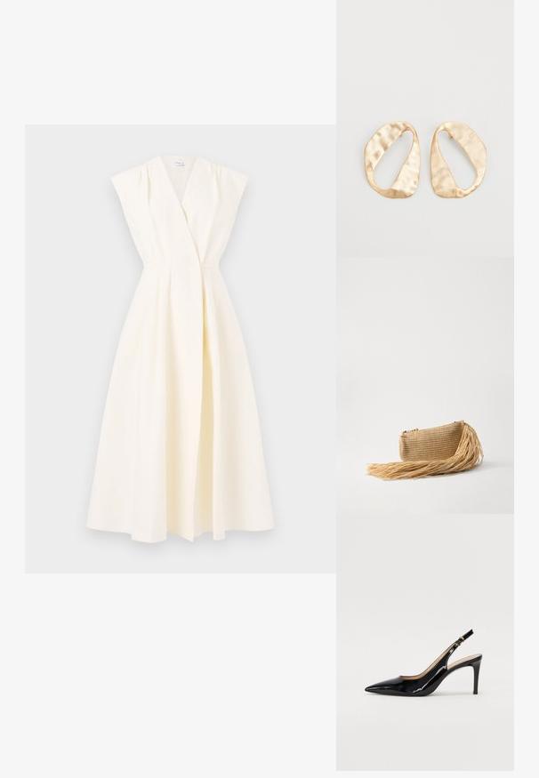 Marella OSSOLA piaskowy; Czarne lakierowane szpilki typu slingback z szpiczastym noskiem, smukłym obcasem i subtelnym wycięciem. Posiadają złotą klamrę na pasku.; Cult Gaia VIERA beżowy; Para nieregularnych, owalnych kolczyków ze złotego metalu o teksturowanej, lekko młotkowanej powierzchni na białym tle.