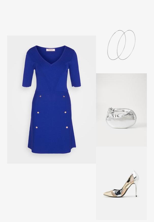 Morgan Sarafanas - royal; Aštrus pirštas aukštakulnis batelis su sidabro, aukso ir nuogų spalvų deriniu. Blizgus paviršius su išpjovos dizainu, su stiletto kulnu.; Sidabrinė metalinė maišelio forma su švelnia, apvalia forma ir mazgu užveriamu viršumi. Pagaminta iš lygios dirbtinės odos medžiagos.; Sidabrinės pusmėnulio auskarai minimalistiniu dizainu. Apskritimo forma, lygus paviršius ir plonas profilis. Lengvi su poliruotu apdailu.