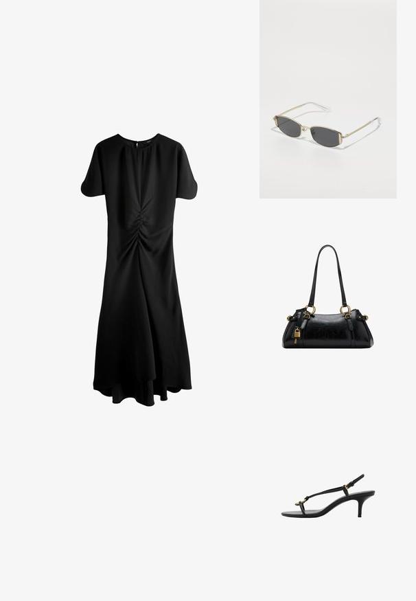 Zwarte jurk met korte mouwen, ronde halslijn en sluiting met sleutelgat aan de achterkant. HeeftGathered details in de taille en een uitlopende zoom.; Zwarte leren kitten heel sandaal met dunne banden, gouden gesp en minimalistische teenlus op een witte achtergrond.; Gouden metalen zonnebril met een ovale vorm, donkergrijze lenzen en heldere tempels. Heeft decoratieve accenten op het frame.; Zwarte leren handtas met een gladde textuur, afgeronde vorm, gouden hardwareaccenten en dubbele handgrepen. Bevat een decoratieve sluiting aan de zijkant.