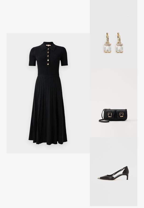 Black ribbed dress with short sleeves, a button-down collar, and gold buttons. The skirt features vertical pleats extending to the hem.; Black leather kitten heel with pointed silver toe cap and dual buckle straps on a white background.; Black leather crossbody bag with two front pockets, gold buckles, zipper closure, and a slim strap. Textured surface and compact rectangular shape.; Gold-tone earrings featuring a rectangular, clear crystal dangling below a row of small, round clear accents. Sleek, modern design.