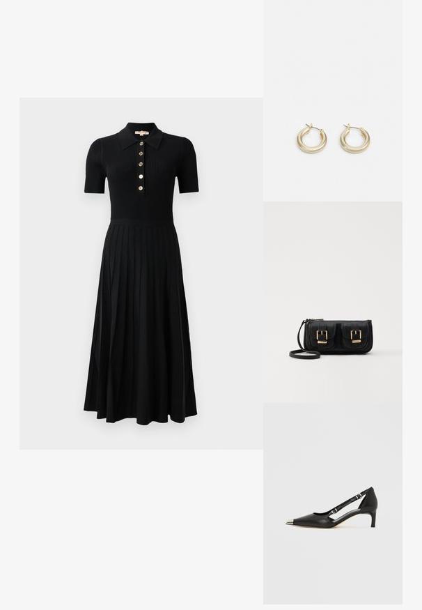 Black ribbed dress with short sleeves, a button-down collar, and gold buttons. The skirt features vertical pleats extending to the hem.; Black leather kitten heel with pointed silver toe cap and dual buckle straps on a white background.; Black leather crossbody bag with two front pockets, gold buckles, zipper closure, and a slim strap. Textured surface and compact rectangular shape.; Lauren Ralph Lauren BASIC SMALL HOOP - Earrings - gold-coloured