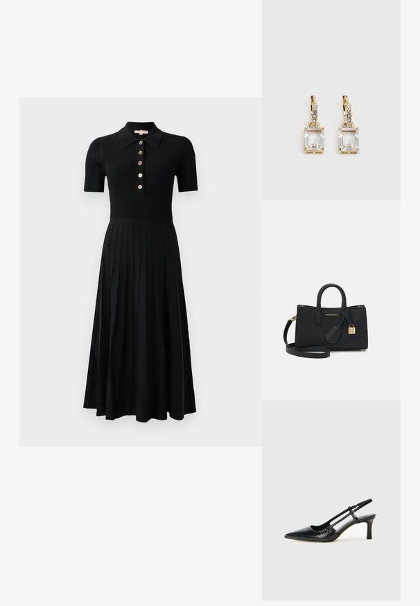 Robe noire côtelée à manches courtes, avec un col à boutons et des boutons dorés. La jupe présente des plis verticaux s'étendant jusqu'à l'ourlet.; Escarpin slingback en vernis noir avec un bout pointu, présentant un imprimé serpent texturé, une sangle réglable et un petit talon bloc texturé.; Sac à main en cuir noir avec une finition texturée. Il est doté de deux poignées supérieures, d'une bandoulière détachable et d'accents métalliques dorés.; Boucles d'oreilles en or lumineux avec un cristal rectangulaire transparent pendent sous une rangée de petits accents ronds transparents. Design élégant et moderne.