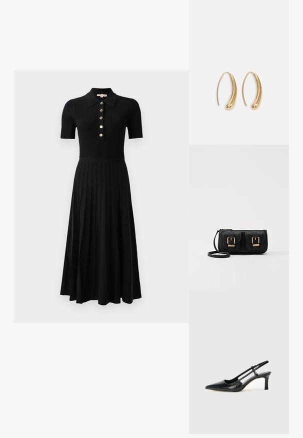 Svart ribbad klänning med korta ärmar, krage med knappar och gyllene knappar. Kjolen har vertikala veck som sträcker sig ner till fållen.; Svart lackskin slingback-häl med spetsig tå, med texturerad ormskinnsprint, justerbar rem och en kort, texturerad blockklack.; Svart läderaxelväska med två framfickor, guldspännen, dragkedjestängning och en smal rem. Texturerad yta och kompakt rektangulär form.; Guldtonade metallörhängen i en kurvad, avlång form. Har en slät, glänsande yta och en rundad spets för en extra detalj.