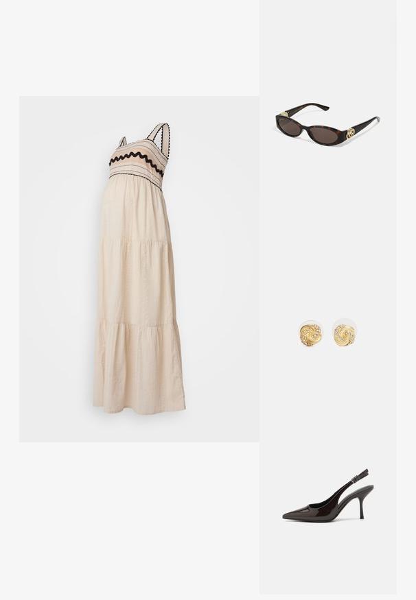 Rochie maxi din material crem, cu un design stratificat, marginile negre și detalii texturate pe bust și fustă. Bretele subțiri.; Pantof cu toc înalt Slingback din piele sintetică lucioasă de culoare maro închis, vârf ascuțit, laterale deschise și curea ajustabilă la glezne.; Ochelari de soare din țiglă cu lentile ovale alungite, nuanță maro, accente cu logo auriu pe brațele laterale și brațe negre elegante.; Cercei aurii cu swirl, cu grund transparent, având accente texturate din aur și mici pietre clare încorporate în design.