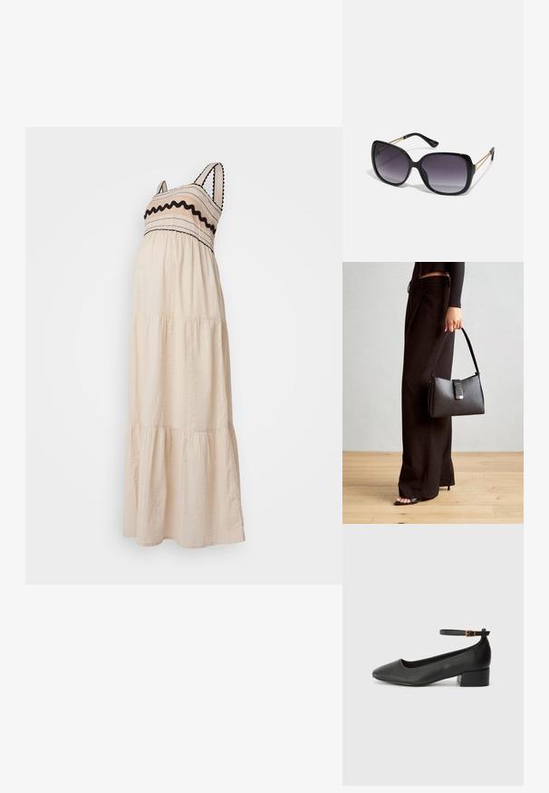 Vestido maxi em tecido creme, apresentando um design em camadas, detalhes em preto e texturização no corpete e na saia. Alças finas.; Sandal de pele preta com bico pontiagudo e um salto bloco baixo. Apresenta uma tira no tornozelo com uma fivela em tom dourado. Textura suave.; Óculos de sol oversized pretos com lentes degradê, armações grossas e detalhes em corrente dourada nas hastes.; Bolsa preta com forma estruturada, textura suave e um fecho metálico. Combinada com calças largas pretas e sandálias de salto aberto sobre um chão de madeira.