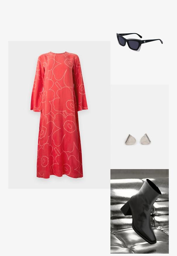 Rochie maxi roșie cu mâneci lungi, cu un model floral abstract mare în nuanțe deschise de roz și decolteu rotund, pe fundal alb.; Cizme negre până la gleznă, realizate dintr-un material lucios, cu vârf pătrat și toc conic, plasate pe un fundal strălucitor de argint, cu un model tuftat.; Ochelari de soare supradimensionați, negri, cu o formă geometrică, având lentile întunecate și un detaliu gri contrastant pe ramă. Logo pe braț.; Cercei din metal argintiu cu o formă netedă, în formă de lacrimă și un finisaj lucios. Gravuri subtile adaugă detalii. Design minimalist.