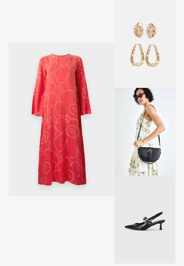 Raudona ilga suknelė ilgomis rankovėmis, puošta dideliu šviesiai rožinės spalvos abstrakčiu gėlių raštu, su apvalia kaklo iškirpte, prieš balto fono.; Juodai lakuoti slingback aukštakulniai su smailiu kojų pirštu ir mažais blokiniais kulniukais, su sidabro sagtimi ant dirželio.; Juodas odinis krepšys su išlenkta forma, nuimamu dirželiu ir auksiniais detalėmis. Krepšys turi kilpą su sagtimi.; Auksinės auskarai, turintys tekstūruotus, bangų formos elementus. Įeina skulptūriniai segami auskarai ir atviri lankai su išmuštu paviršiumi.