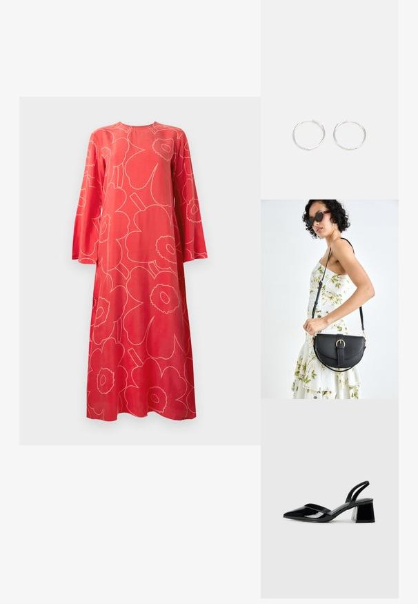 Rochie maxi roșie cu mâneci lungi, cu un model floral abstract mare în nuanțe deschise de roz și decolteu rotund, pe fundal alb.; Pantofi cu toc slingback din piele lacuită neagră, cu vârf ascuțit și toc geometric. Prezintă un design elegant, minimalist și o textură netedă.; Geantă din piele neagră, cu o formă curbată, curea detașabilă și accesorii aurii. Geanta are un capac cu un detaliu tip cataramă.; Cercei din argint cu un design elegant și rotund, având o suprafață netedă și fără embellismente vizibile. Diametrul nu este specificat.
