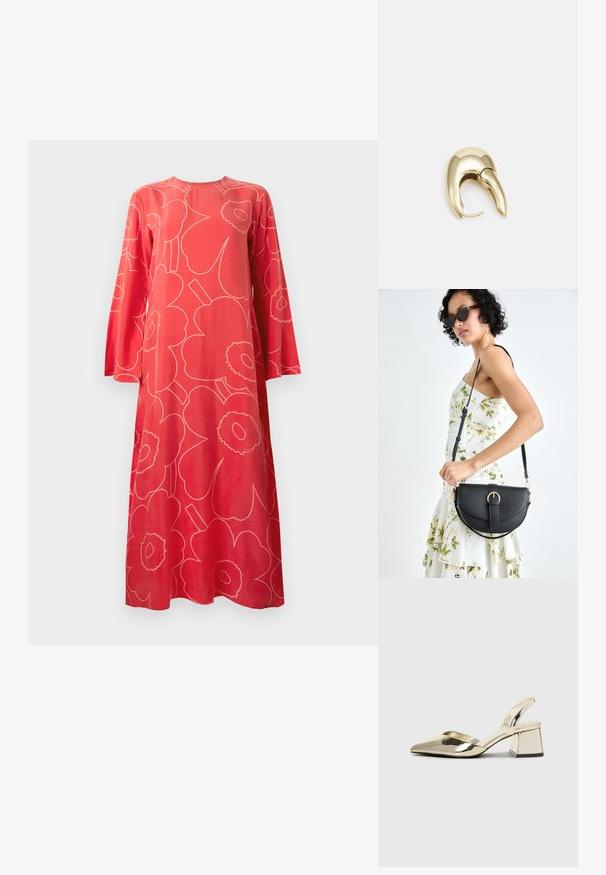 Sarkana garām piedurknēm maksi kleita ar lielu gaiši rozā abstraktu ziedu rakstu un apaļu kakla izgriezumu uz balta fona.; Zeltaini, metāla kurpes ar siksniņām, norakans purngalis un masīla papēdis. Gluda tekstūra, minimālisma dizains un šaura siksna.; Melnas ādas rokassoma ar izliekta formu, noņemamu siksnu un zelta aksesuāriem. Somai ir vāciņš ar sprādzes detaļu.; Zeltīti metāla auskari ar gludu, izliekta dizaina. Ar atšķirīgu smailu formu, pulētu virsmu un eņģu aizdari.