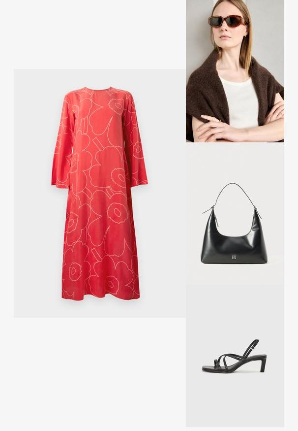 Rdeča maxi obleka z dolgimi rokavi, z velikim svetlo rožnatim abstraktnim cvetličnim vzorcem in okroglim izrezom, na belem ozadju.; Črne natikače s trakovi in kvadratnim prstom ter nizkim blokastim peto. Imajo več tankih trakov in nastavljiv trak okoli gležnja. Narejene so iz gladkega usnja.; Rjave žirafaste sončne očala z angularnimi okvirji, temnimi lečami in kovinskimi detajli. Nosi se jih z kremasto majico in temnim šalom.; Črna gladka usnjena torbica za rame s ukrivljenim vrhom, enim trakom, zadrgo in majhnim srebrnim logotipom na sprednji sredini.