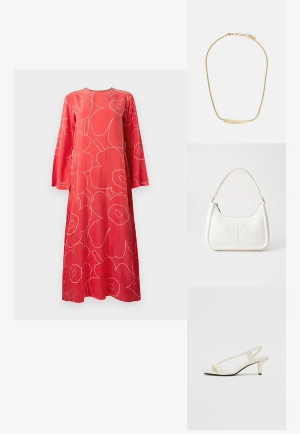 Abito lungo a maniche lunghe rosso con grande motivo floreale astratto rosa chiaro e scollo tondo su sfondo bianco.; Sandali con tacco a blocco beige, con sottili cinturini e punta quadrata. Materiale liscio con dettagli minimi, progettati per un facile utilizzo.; Borsa a tracolla in pelle bianca con forma curva, dotata di un logo "CK" impresso sul davanti e una singola tracolla. Chiusura a zip nella parte superiore.; Collana placcata in oro con un'accents centrale liscio e curvo. Presenta una catena flessibile con un gancio a moschettone e ulteriori maglie della catena regolabili.
