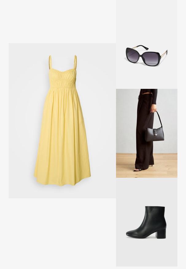 Geltona vasarinė suknelė su plonomis reguliuojamomis petnešomis, suglebusi krūtinė ir laisvai krentanti A-linijos sijonas, pagaminta iš lengvos medžiagos.; Juodos odinės aulinės botai su smailiu priekiniu pirštu ir storu kulnu. Lygus tekstūra su minimaliomis detalėmis ir elegantišku, tvirtai priglundančiu dizainu.; Juodos didelės saulės akinių su pereinamais objektyvais, storomis rėmeliais ir auksinės spalvos grandinėmis ant šventyklų.; Juodas rankinė struktūrizuota forma, lygi tekstūra ir metalinis užsegimas. Suporuota su plačiomis juodomis kelnėmis ir atvirais bateliais ant medinių grindų.