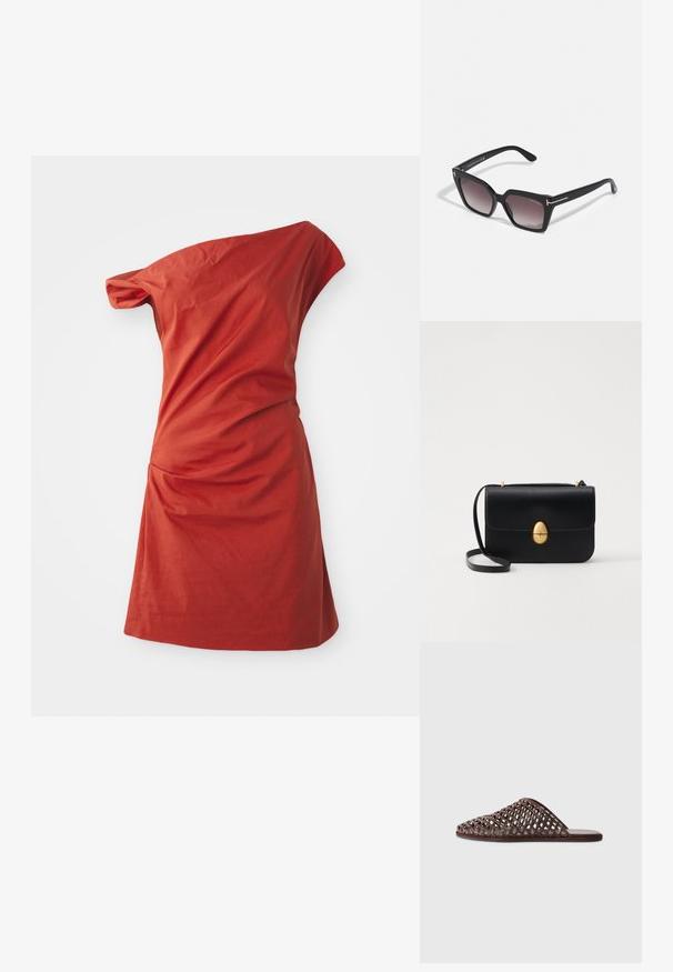 Rochie asimetrică cu un umăr, din bumbac roșu cărămiziu, cu detalii pliate pe lateral și o finisare texturată.; Sandale tip slide împletite, de culoare maronie, cu vârf rotund, design deschis, talpă plată și suprafață texturată. Material ușor și siluetă minimalistă.; Ochelari de soare supradimensionați, negri, cu o formă geometrică, lentile gradiente și accente aurii pe brațe. Fabricat dintr-un material plastic durabil.; Geantă de mână din piele neagră, cu o formă rectangulară structurată. Are un capac oval auriu și o curea subțire pentru umăr. Textură netedă.; Inel de aur cu un design în formă de coroană în interiorul unei potcoave, decorat cu mici pietre clare, pe un fundal alb.
