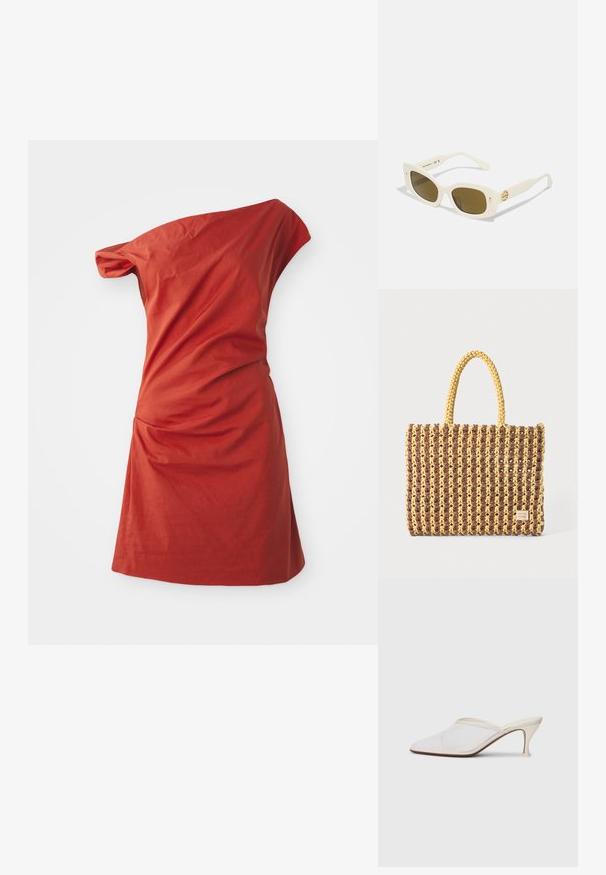 Abito asimmetrico a spalla singola in cotone rosso mattone, con dettagli arricciati sul lato e una finitura texturizzata.; Mule bianco in rete con punta appuntita, tacco medio sottile e design slip-on su uno sfondo semplice.; Occhiali da sole bianchi in plastica con montatura rettangolare, lenti marroni e un accentuato dorato sulle astine. Texture liscia e design moderno.; Borsa intrecciata marrone e gialla, con forma rettangolare, due cinghie per manico e una finitura testurizzata con cuciture visibili e un'etichetta del marchio.