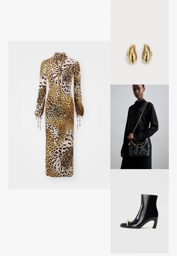Leopardų rašto suknelė su apykakle, ilgomis rankovėmis su raištelių rankogaliais, ir laisva siluetu, kuriame dominuoja rudos ir grietinėlės spalvos.; Juodi aulinukai, pagaminti iš blizgios odos, su smailia nosimi ir dekoratyviu aukso bei sidabro akcentu priekyje. Bloko kulnas.; Juodas susegamas odinis rankinukas su susiraukšlėjusia viršuje, auksine grandine ir stačiakampiu pavidalu, laikomas prieš paprastą foną.; Aukso spalvos auskarai su srauniu, kreiviu dizainu. Kiekvienas auskoras turi lygų paviršių ir mažą užsegimą su dekoratyviu akcentu.