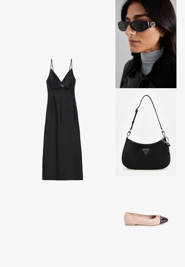 Fekete selyemruha vékony spagetti pántokkal, V-nyakkivágással, és csipke díszítéssel a dekoltázs részén. Sima textúra, térd alá érő, testhez álló fazon.; Beige bőr balettcipők fekete bőrfedő orral. Masni díszítéssel rendelkezik, és lapos talpa sima textúrájú.; Fekete napszemüveg, sima, téglalap alakú kerettel, arany logóval az oldalon. Sötét lencsék és fényes felület jellemzi.; Fekete szintetikus válltáska ívelt sziluettel, texturált kivitelezéssel, arany háromszög logóval és levehető kiegészítőkkel.