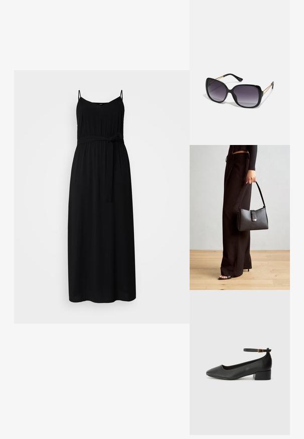 Vero Moda Curve VMCEASY SLIT VNECK DRESS - Maxi šaty - black; Černé kožené lodičky s špičatou špičkou a nízkým blokovým podpatkem. Obsahují pásek kolem kotníku se zlatou sponou. Hladký povrch.; Černé oversized sluneční brýle se gradientními skly, silnými rámy a zlatými řetízkovými detaily na nožičkách.; Černá kabelka se strukturovaným tvarem, hladkým povrchem a kovovým uzávěrem. Kombinována s širokými černými kalhotami a sandály s otevřenou špičkou na dřevěné podlaze.