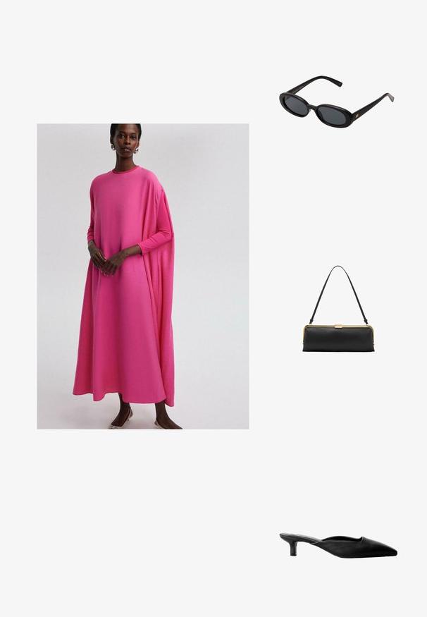 Langærmet, løstsiddende kjole i lys pink stof. Den har en rund halsudskæring og en svag silhuet med en glat tekstur og en subtil drapering.; Sorte læder hælede mules med spids tå, åben ryg og en lav blokhæl. Glat tekstur med minimalisk design.; Store store; Sort læderhåndtaske med en glat tekstur, guldhardware og et slankt design. Har en tynd rem og en lukning med spænde øverst.