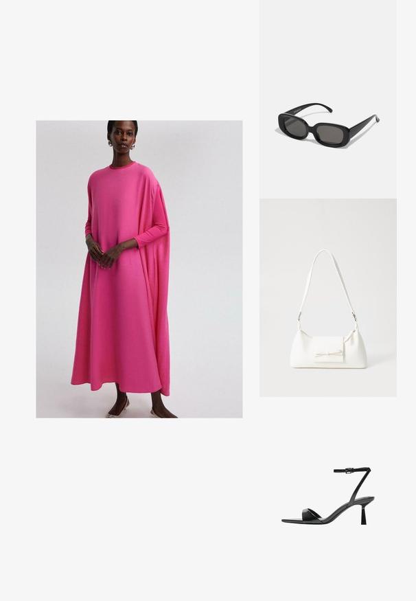 Rochie cu mânecă lungă, cu o croială lejeră, dintr-un material roz strălucitor. Prezintă un decolteu rotund și o siluetă fluidă, având o textură neteza și o drapare subtilă.; Bershka Sandale cu toc - black; Ochelari de soare dreptunghiulari negri cu lentile întunecate. Ramă groasă din plastic, textură netedă și colțuri rotunjite. Temele elegante se extind în exterior.; Geantă sintetică albă, cu formă triangulară, capac frontal plat și detaliu cu fundă, curea ajustabilă, textură netedă și design minimalist.