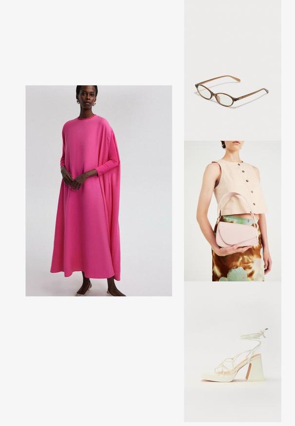 Duga haljina dugih rukava, širokog kroja, u živopisnoj ružičastoj tkanini. Ima zaobljen dekolte i lepršavi siluetu, sa glatkom teksturom i suptilnim naborima.; Bijela sandala na visokoj potpetici s debelim petom, s remenom i vezanjem oko gležnja. Glatka tekstura s platformom sprijeda za dodatnu visinu.; Smeđe skupe naočale s ovalnim lećama, tankim drškama i prozirnim akcentima. Ima suptilan logo na sljepoočnici. Elegantan, lagan dizajn.; Ružičasta kožna torba s zakrivljenim poklopcem, jednim remenom za rame i čistim linijama. Torba ima glatku teksturu i minimalistički dizajn.