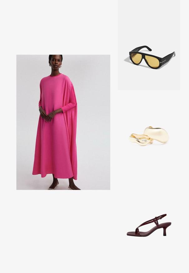 Sukienka z długim rękawem, luźno dopasowana, w jasnoróżowym materiale. Posiada okrągły dekolt i swobodną sylwetkę, z gładką teksturą i subtelnym drapowaniem.; Burgundowe sandały na wysokim obcasie z kwadratowym noskiem, smukłymi paskami i zapięciem na kostce. Gładka skórzana faktura i smukły, blokowy obcas.; Czarne okulary przeciwsłoneczne z geometrycznym wzorem, żółtymi soczewkami i złotymi akcentami na zausznikach. Gładka tekstura, szeroki kształt, nowoczesny design.; Złote kolczyki o organicznym, fasolowym kształcie i gładkiej, refleksyjnej powierzchni; cechują się minimalistycznym designem bez widocznych elementów mocujących.