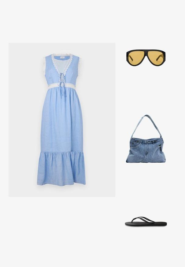 Blå och vit randig ärmlös klänning med spetsdetalj, knytning i midjan och en utsvängd, volangavslutning. Lättviktig tyg.; Svart flip-flop med en texturerad gummisula, två slanka remmar och en subtil, präglad logodetalj på remmen.; Sunglasses med en slank svart plastbåge och gula tonade linser, med en distinkt vinkelform och breda skalmar för ökat skydd.; Denimaxelväska med en böjd rem, två frampocket och en knäppt topp, med ljusblått tyg och kontrasterande sömdetaljer.