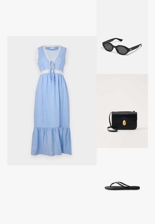 Blau-weiß gestreiftes, ärmelloses Kleid mit Spitzenbesatz, einer Bindeschleife in der Taille und einem ausgestellten, gerafften Saum. Leichter Stoff.; Schwarze Flip-Flops mit einer strukturierten Gummisohle, zwei schlanken Riemen und einem dezenten, geprägten Logo-Detail auf dem Riemen.; Schwarze ovale Sonnenbrille mit dunklen Gläsern und glänzendem Kunststoffrahmen. Mit goldenem Logo am Bügel, das ein elegantes und modernes Design bietet.; Schwarze Lederhandtasche mit strukturierter rechteckiger Form. Verfügt über einen goldenen ovalen Verschluss und einen dünnen Schulterriemen. Glatte Textur.