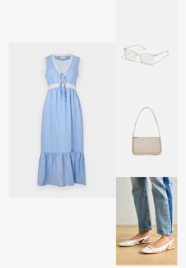 Niebieska i biała sukienka bez rękawów w paski z koronkowym wykończeniem, z wiązaniem w talii i rozkloszowanym, falbaniastym dołem. Lekka tkanina.; Jasnoróżowe baleriny na odkrytej pięcie z wąskim noskiem, wykonane z gładkiego materiału imitującego skórę. Posiadają wycięcia po bokach oraz płaski obcas.; Przezroczyste, kwadratowe okulary z plastiku z półprzezroczystymi soczewkami, z złotymi akcentami na zausznikach dla dodatkowego wykończenia.; Even&Odd - Torebka