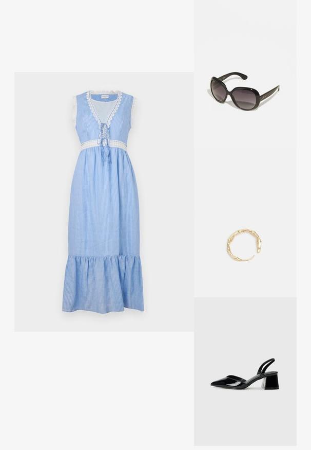 Mėlynai ir baltai dryžuota suknelė be rankovių su nėrinių apdaila, surišama juosmenyje, su platėjančiu, volanginiu kraštu. Lengva medžiaga.; Juodos lakuotos odinės šlepetės su smailiu pirštu ir geometriniu bloko kulnu. Turi elegantišką, minimalistinį dizainą ir lygų paviršių.; Juodi akiniai nuo saulės su didelėmis, apvaliom rėmeliais. Lęšiai pereina nuo tamsios iki šviesios spalvos. Turi elegantišką, blizgų paviršių ir subtilius logotipo akcentus ant šventyklų.; Auksinės spalvos žiedas, turintis organišką, sukimosi dizainą su lygiu paviršiumi ir siaurėjančiais galais, sukuriantis modernią skulptūrinę išvaizdą.