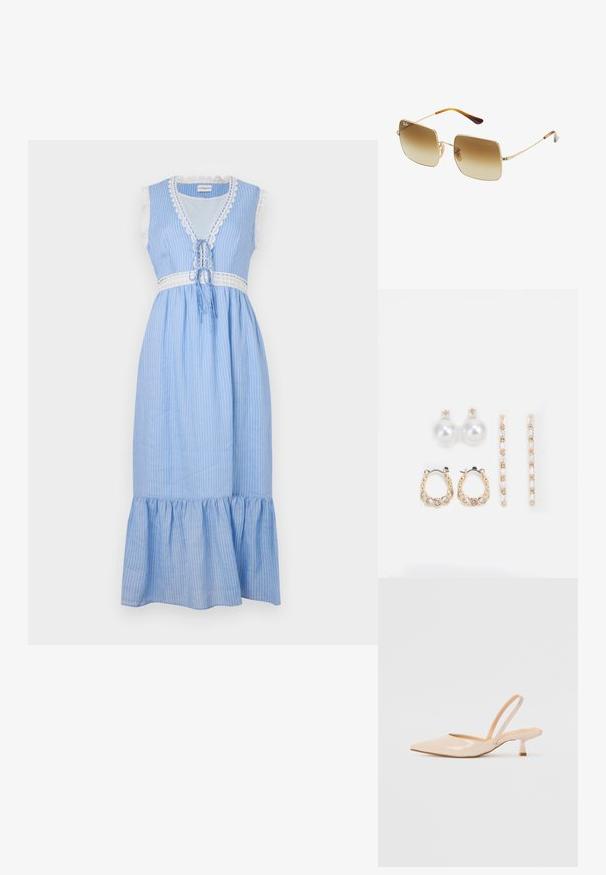 Sinine ja valge triibuline ilma varrukateta kleit, millel on pitsist äär ja sidumisvõimalus vööl, ning laienev, volangidega alumine äär. Kerge kangas.; Beežist lakitud nahast slingback kontsad terava nina ja peene ruudukujulise kontsaga. Sile tekstuur ja minimalistlik disain ilma kaunistusteta.; Nurkpruunide gradient-prillidega ruudukujulised soeprillid, kuldse metallraami ja kilpkonnamustriga aksessuaari abil templites.; Kolm paari kõrvarõngaid: suured valged pärlstudid, kuldsed rõngad läbipaistvate gemmidega ning kaks pikka, sirget kullast aktsentkõrvarõngast sädeleva detailiga.
