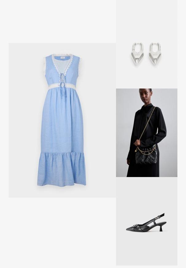 Blauw en wit gestreepte mouwloze jurk met kantafwerking, een striksluiting in de taille en een uitlopende, gerafelde zoom. Lichtgewicht stof.; Zwarte leren slingback schoen met een puntige neus, decoratieve banden met metalen oogjes en een lage blokhak. Textuur oppervlak.; Zwarte gewatteerde leren handtas met een gathered bovenkant, gouden kettinghengsel en een rechthoekige vorm, vastgehouden tegen een effen achtergrond.; Zilveren hartvormige hangsloten met gegraveerde teksten "JA" en "NEE", gepolijst oppervlak, symmetrisch ontwerp en een robuuste metalen sluiting.