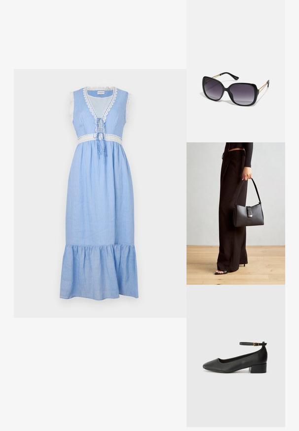 Zila un baltā svītrainā bez piedurknēm kleita ar mežģīņu apdari, saistīšanas slēgšanu jostas vietā un izplūdušu, riņķveida apakšu. Viegls audums.; Melnas ādas sūkņi ar smailu purngalu un zemu bloku papēdi. Iezīmēts ar potītes siksniņu ar zelta krāsas sprādzi. Gluda tekstūra.; Melni pārmērīgi lieli saulesbrilles ar gradāciju lēcām, biezām rāmja malām un zeltainas krāsas ķēžu detaļām uz tempļiem.; Melnā somiņa ar strukturētu formu, gludu tekstūru un metālu sprādzi. Saskaņota ar platām melnām biksēm un sandālēm ar atvērtu purngalu uz koka grīdas.