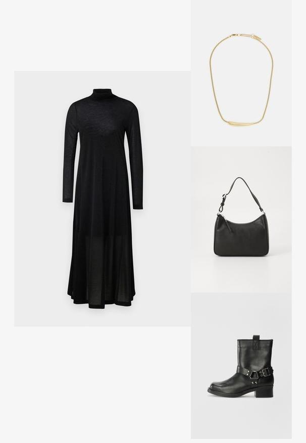 Černé šaty s dlouhým rukávem, vysokým límcem a průsvitnou, splývavou sukní. Vyrobené z lehké, strukturované látky s přiléhavým živůtkem.; Samsøe Samsøe SABRENTA - Kovbojské/motorkářské kotníkové boty - black; Černá kožená kabelka s zakřiveným tvarem, s jedním popruhem, zipovým uzávěrem a decentním logem na přední straně. Hladká textura, minimalistický design.; Zlatem pokovený náhrdelník s hladkým, zakřiveným centrálním akcentem. Disponuje flexibilním řetízkem s karabinovým zapínáním a dodatečnými nastavitelnými články řetězu.