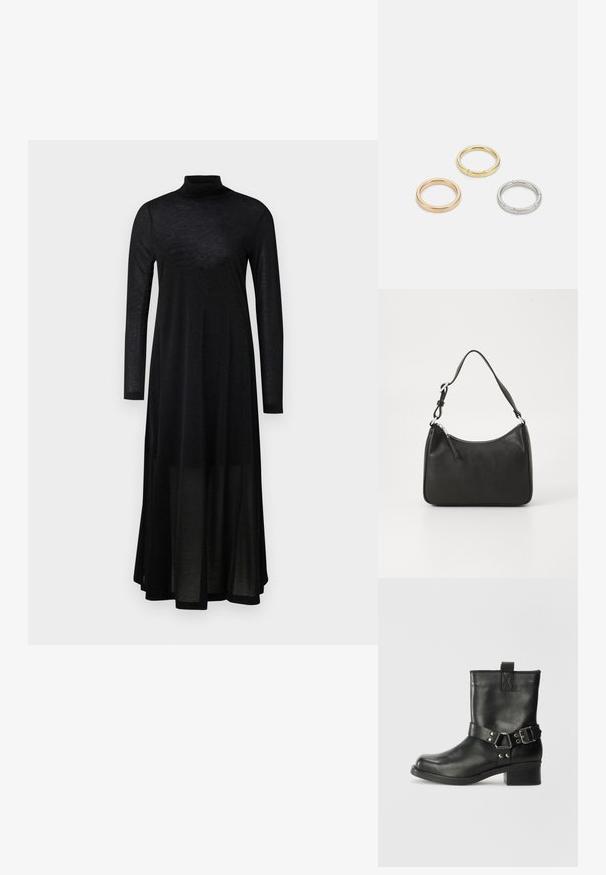 Černé šaty s dlouhým rukávem, vysokým límcem a průsvitnou, splývavou sukní. Vyrobené z lehké, strukturované látky s přiléhavým živůtkem.; Samsøe Samsøe SABRENTA - Kovbojské/motorkářské kotníkové boty - black; Černá kožená kabelka s zakřiveným tvarem, s jedním popruhem, zipovým uzávěrem a decentním logem na přední straně. Hladká textura, minimalistický design.; Tři kovové prsteny: jeden růžově zlatý, jeden zlatý s texturovanými detaily a jeden stříbrný, všechny s vyrytým brandingem na vnitřním boku.