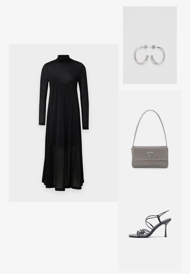 Vestido preto de manga longa com gola alta, feito de tecido leve. Apresenta um design fluido e uma bainha que cai abaixo do joelho.; As sandálias de salto alto pretas apresentam tiras finas com um design em nó, uma biqueira quadrada lisa e um elegante salto agulha.; Bolsa metálica cinza claro com uma alça de corrente, adornada com pequenos rebites metálicos circulares e um logótipo triangular da marca.; Brincos de argola prateados com um acabamento suave e brilhante. Forma arredondada, design leve, com fecho de pino.