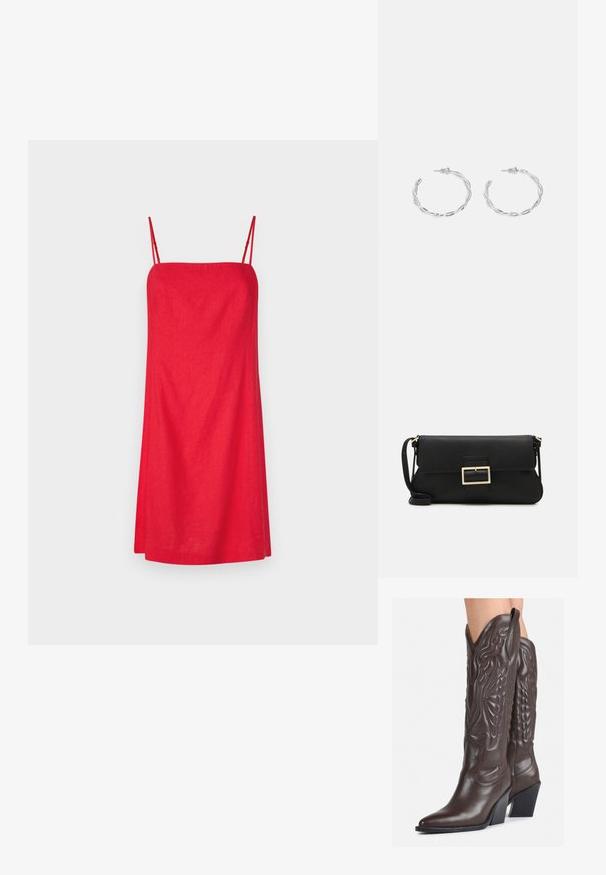 GAP MINI - Robe de jour - slipper red; Bottes de cowboy en cuir marron avec un bout pointu et un talon bloc, présentant des coutures détaillées et des accents en relief sur la tige.; Pochette en cuir noir avec un rabat et un détail en boucle en métal doré. Inclut une sangle noire et un design épuré et minimaliste.; Boucles d'oreilles en argent en forme de créoles avec un design torsadé, dotées d'une finition polie et d'une fermeture à poussoir. Mesurent environ 3 cm de diamètre.