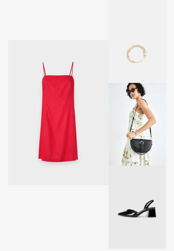 GAP MINI - Vardagsklänning - slipper red; Svarta lackläder slingback klackar med spetsig tå och geometrisk klack. Har en elegant, minimalistisk design och slät yta.; Svart läderhandväska med en böjd form, avtagbar rem och guldiga detaljer. Väskan har ett lock med en spänndetalj.; Ring i guldutförande med en organisk, vriden design, slät yta och avsmalnande ändar, vilket ger ett modernt, skulpturalt utseende.