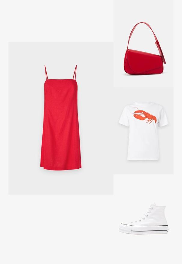 GAP MINI - Vestito casual - slipper red; T-shirt bianca in cotone con una grande grafica di aragosta rossa brillante sul davanti. Maniche corte e design con colletto rotondo standard.; Sneaker alta in tela bianca con suola in gomma nera, punta in gomma frontale e sei asole per i lacci, caratterizzata da un design pulito e minimalista.; Borsa a tracolla in pelle rossa con un design angolare e geometrico. Presenta una singola tracolla regolabile e una chiusura a patta con dettagli cuciti.
