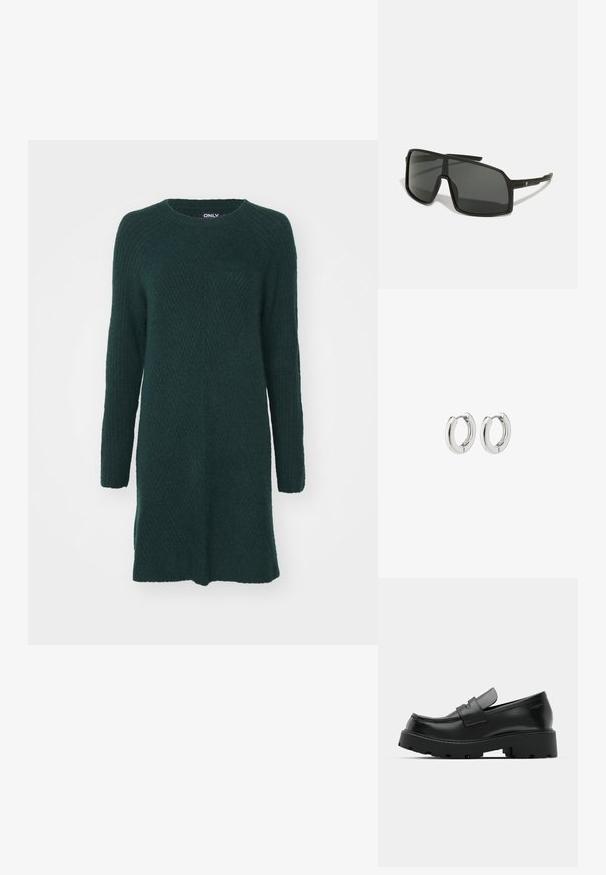 ONLY ONLCAROL LS - Neulemekko - scarab; Mustat nahka loaferit, joissa on paksu, teksturoitu pohja, vampin yli kulkeva raita ja sileä, kiillotettu viimeistely.; Mustia aurinkolasit, joissa on suuri, kulmikas kehys, tummat linssit ja ohuet, tyylikkäät varret, joissa on pieni logo yhdellä puolella.; Hopehope hopehope ni polido, yenye muundo wa duara na viungio visivyo na seams, vinavyoonyesha uso laini.