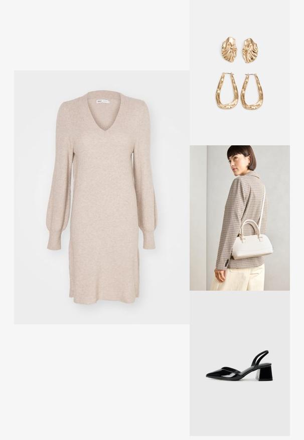 Vestido bege em malha com decote em V, mangas compridas com folhos e textura canelada. Apresenta fendas laterais para maior detalhe e conforto.; Sandy em verniz preto com salto slingback, ponta afilada e salto geométrico. Apresenta um design elegante e minimalista com textura suave.; Bolsa estruturada branca com alças curtas e uma alça de ombro, com detalhes em hardware dourado e material texturizado, exibida contra um fundo cinza.; Brincos em tom de ouro com formas onduladas e texturizadas. Inclui studs escultóricos com presilha e um design de argola aberta com um acabamento martelado.