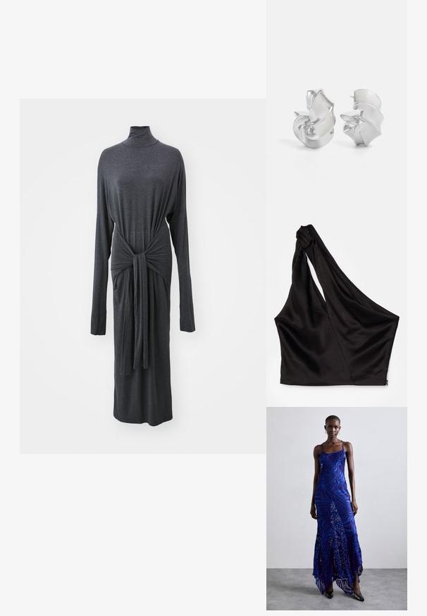 Pitkähihainen mekko tummanharmaasta kankaasta, jossa on korkea puolikorkea kaulus ja solmittu vyötärödetalji, sulavalinjainen ja laskeutuva siluetti.; Asymmetrinen musta satiinitoppi, jossa on yksi olkain, drapeerattu muotoilu ja sivussa vetoketju. Pehmeä materiaali.; Sininen ja violetti eläinkuosinen maksimekko ohuiden hihnojen kanssa, istuva yläosa, levenevä helma ja läpikuultava yksityiskohtainen päällyste.; Hopeakorvakorut, joissa on virtaava, spiraalimainen muotoilu. Sileä pinta, jossa on kiiltävä viimeistely. Ominaisuuksina hienovarainen kiilto ja ei näkyviä koristeita.