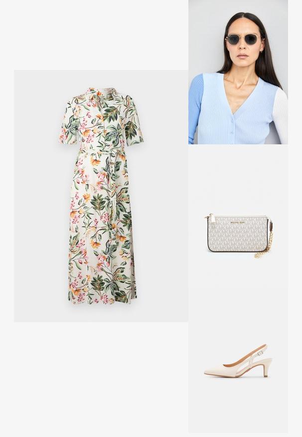 Cvjetna midi haljina s kratkim rukavima, gumbima sprijeda i remenom u struku. Odlikuje ju bijela podloga s višebojnim cvjetovima i zelenim lišćem.; Bijela slingback peta s oštrim vrhom, glatkim gornjim materijalom, niskom blok peta te dizajnom s bočnim izrezom i podešivom kopčom.; Ok Runde sunčane naočale s tamnim staklima i zlatnim okvirom. Model nosi svijetloplavi rebrasti kardigan s gumbima i kontrastnim bijelim rukavima.; Michael Kors novčanik na zapešću u bež premazanoj tkanini s ponavljajućim uzorkom MK loga, zlatnim hardverom i odvojivim lancem za nošenje.