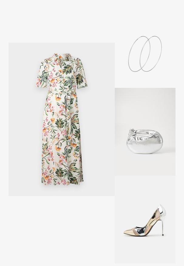 Květinové midi šaty s krátkým rukávem, knoflíkovým předním zapínáním a páskem v pase. Mají bílé pozadí s vícebarevnými květinami a zelenými listy.; Lodička s špičatou špičkou a kombinací stříbrné, zlaté a tělové barvy. Lesklý povrch s vykrojeným designem, s jehlovým podpatkem.; Stříbrná kovová taška s měkkým, zaobleným tvarem a uzávěrem s uzlem. Vyrobena z hladké umělé kůže.; Stříbrné kruhové náušnice s minimalistickým designem. Kruh, hladký povrch a tenký profil. Lehká konstrukce s lesklým povrchem.