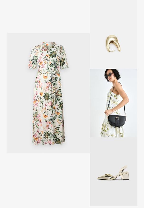 Virágmintás midi ruha rövid ujjakkal, gombos elülső résszel és derekán megkötő szalaggal. A háttér fehér, több színben pompázó virágokkal és zöld levelekkel.; Arany, fémből készült slingback sarkú cipők hegyes orral és vastag sarokkal. Simaság, minimalista design és keskeny pánt jellemzi.; Fekete bőrtáska ívelt formával, levehető pánttal és arany színű fémrészekkel. A táskán egy csattal díszített fedél található.; Aranyszínű fém fülbevaló, elegáns, ívelt formával. Különleges hegyes alak, fényes felszín és zsanéros záródás jellemzi.