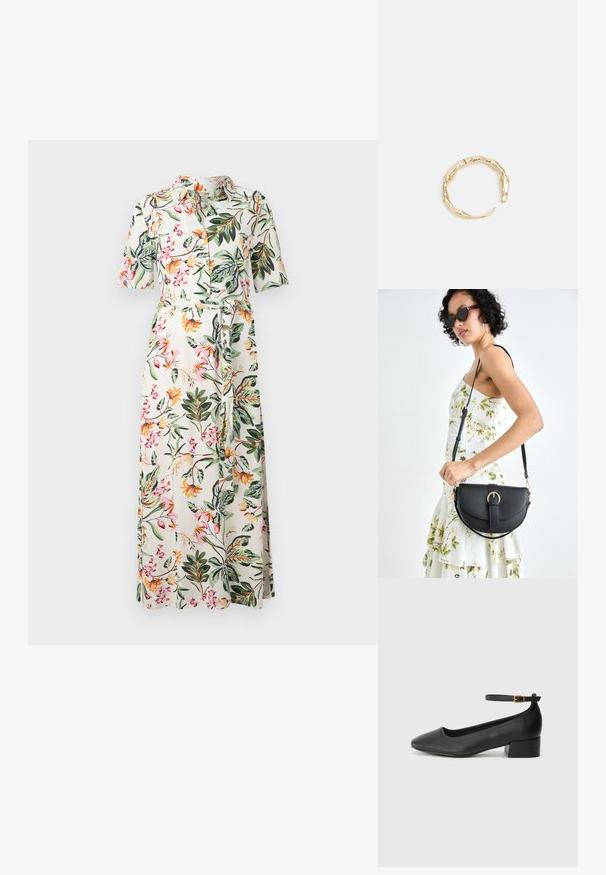 Kukkallinen midi-mekko lyhyillä hihoilla, nappikiinnitys edessä ja vyötärövyö. Mekossa on valkoinen tausta, jossa on monivärisiä kukkia ja vihreitä lehtiä.; Mustat nahkakengät, joissa on terävä kärki ja matala lohkare korko. Varustettu nilkkahihnalla, jossa on kultasävyinen solki. Lisää sileä pinta.; Musta nahkainen käsilaukku, joka on kaareva muotoilultaan, irrotettavalla hihnalla ja kultaisilla yksityiskohdilla. Laukussa on läppä, jossa on solk yksityiskohta.; Kultaketju, jossa on orgaaninen, kierretty muotoilu, sileä pinta ja cappatut päät, luoden modernin, veistoksellisen ilmeen.